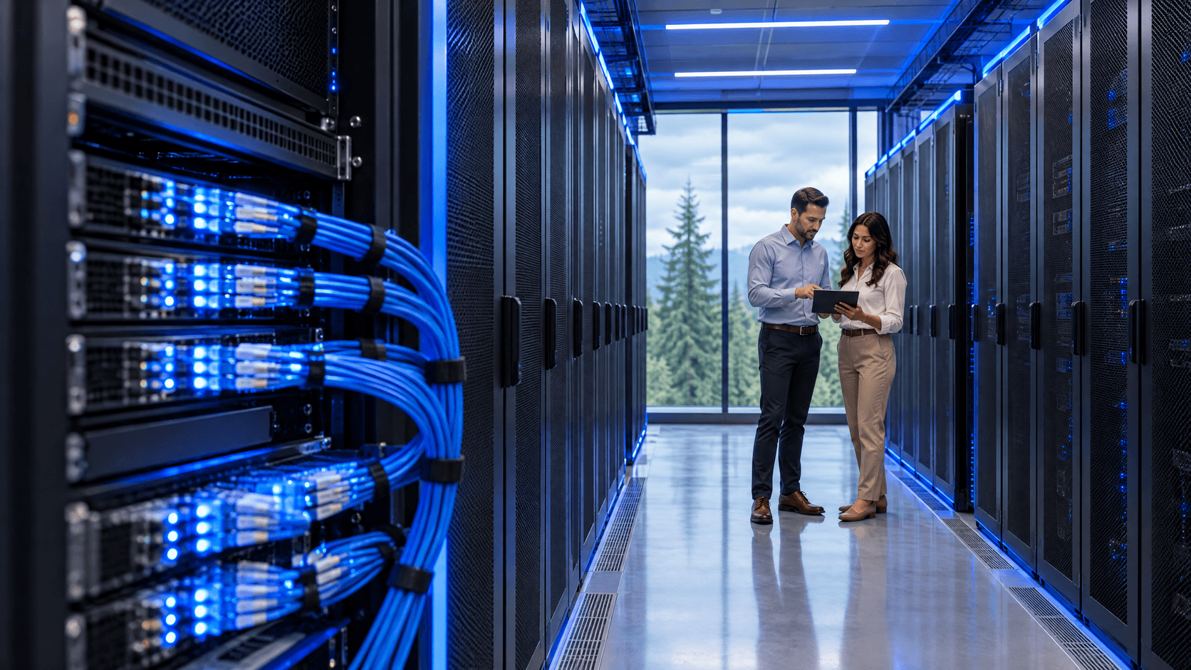 Network engineers in a data center with illuminated fiber optic connections