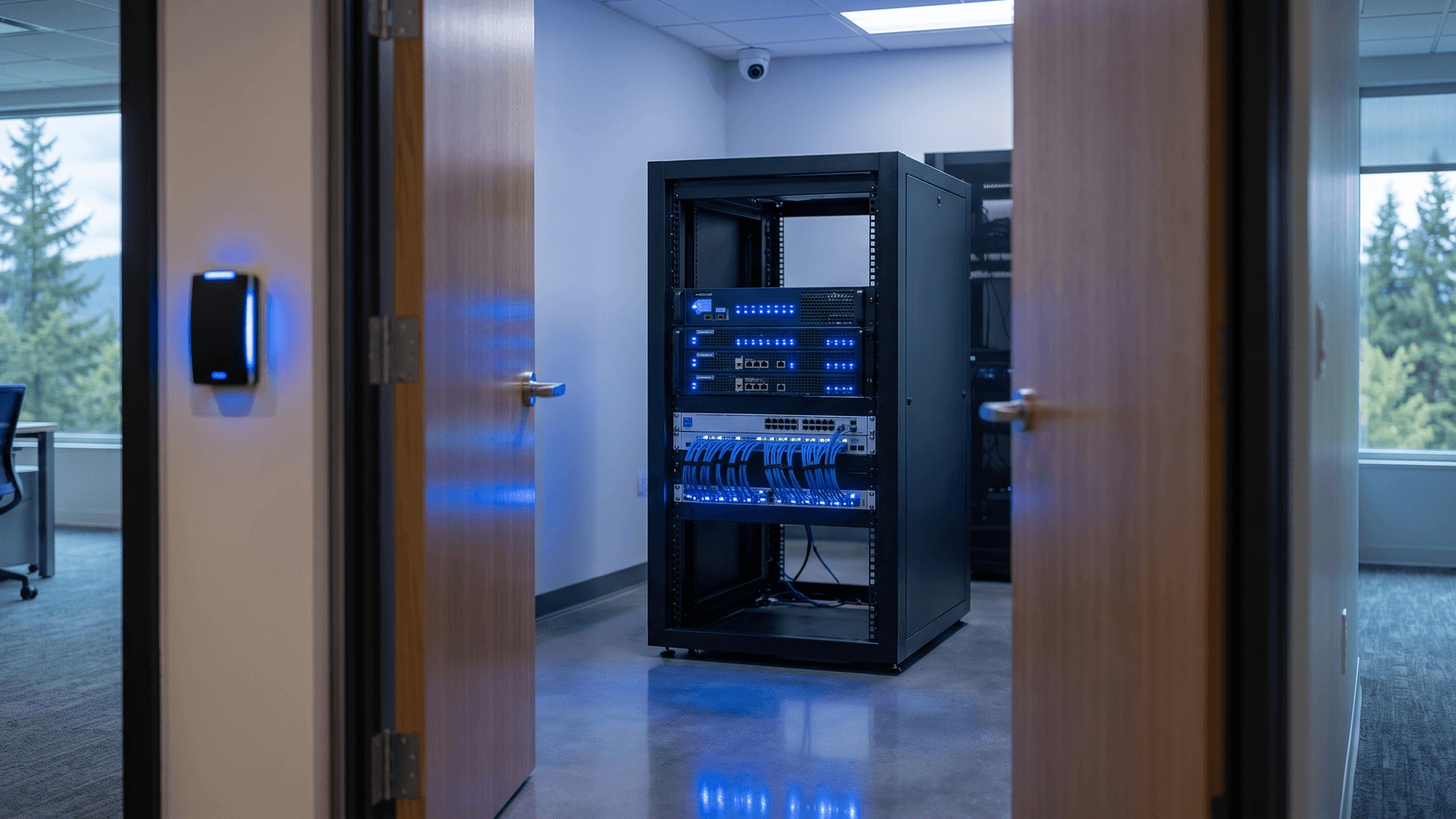 Managed firewall and network switch in a secured business equipment room