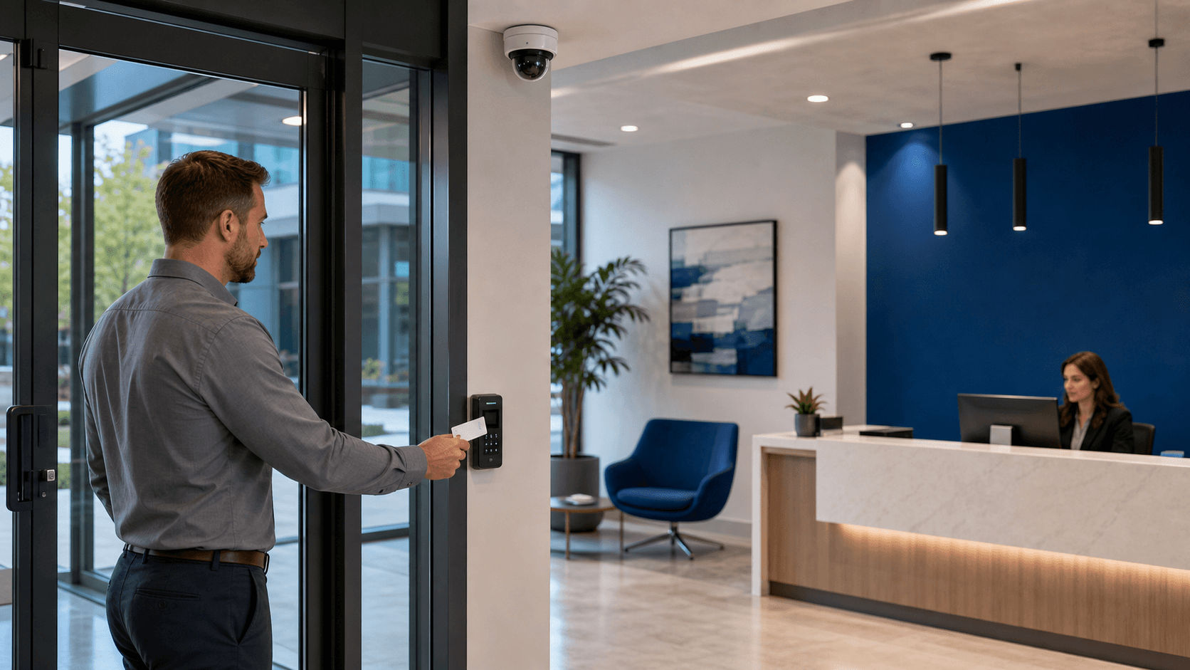 Business access control reader and security camera in a modern office lobby