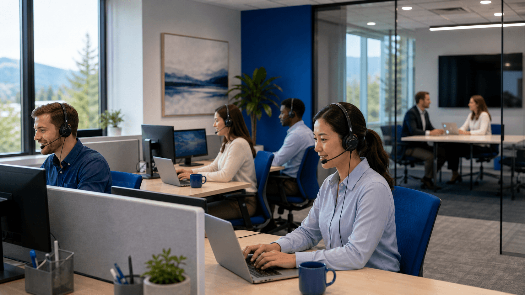Contact center agents using headsets in a modern business office