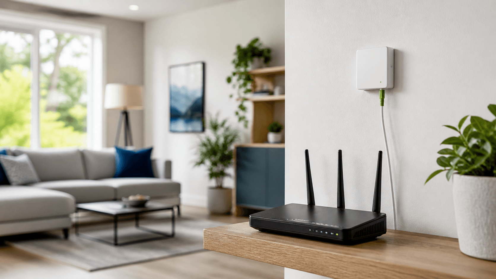 Fiber internet equipment and WiFi router installed in a bright modern home