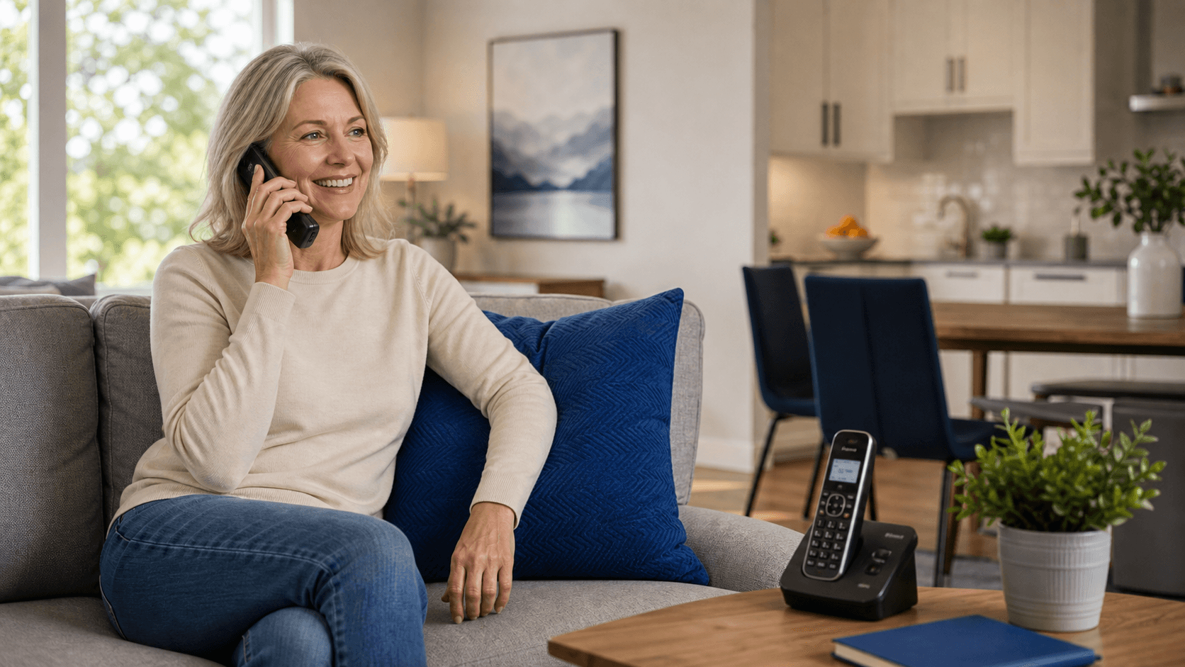 A homeowner using reliable home phone service in a bright living room
