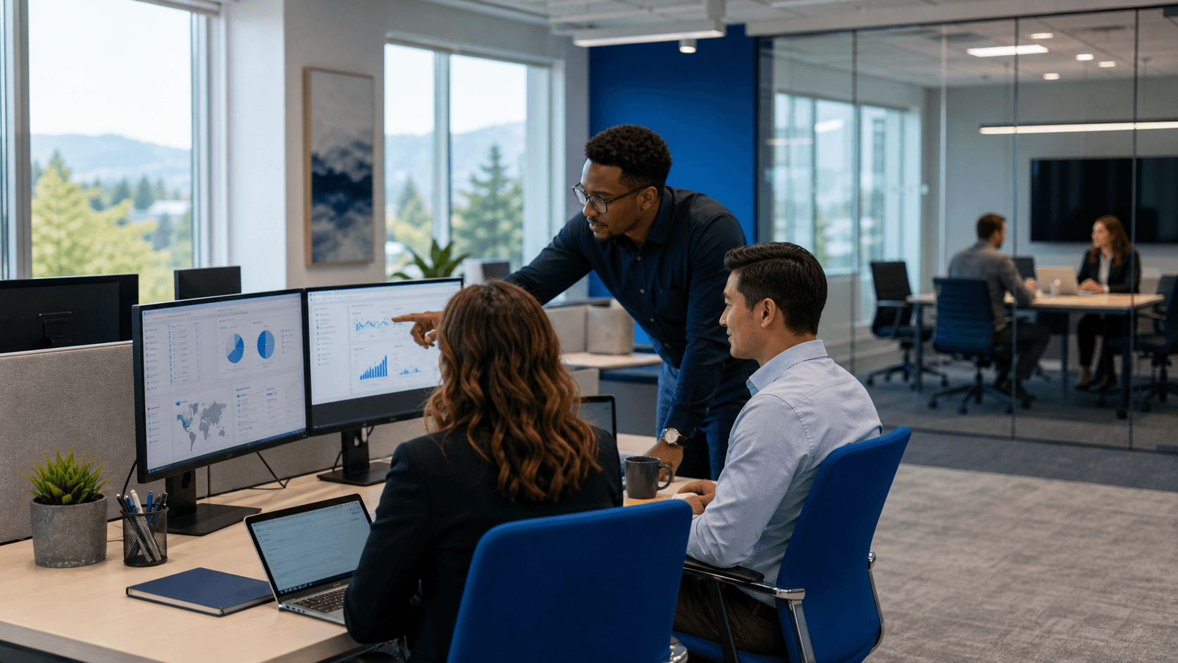 IT professionals monitoring a business network from a modern office workspace