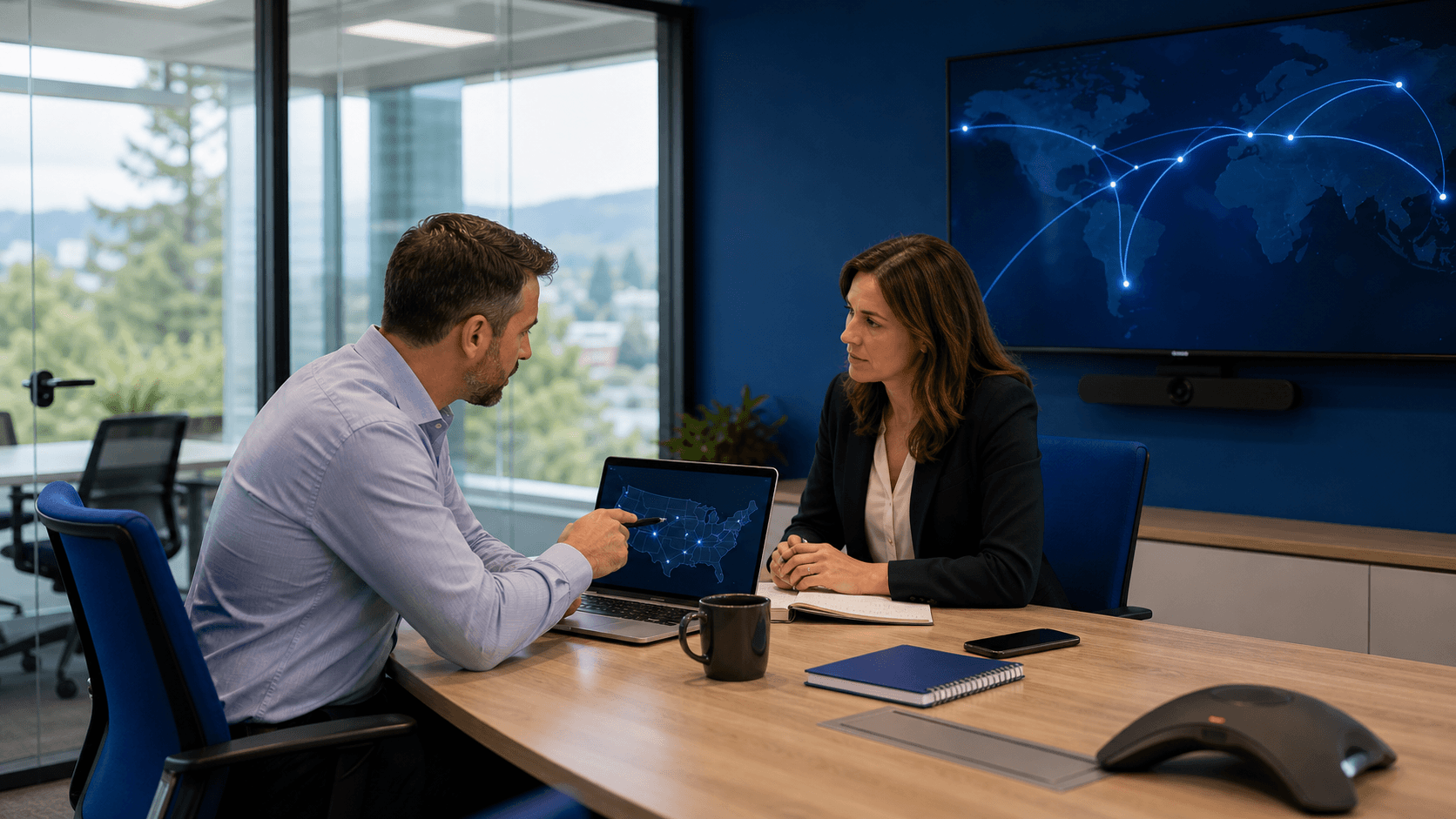 Business team reviewing multi-site connectivity for Metro Ethernet transport