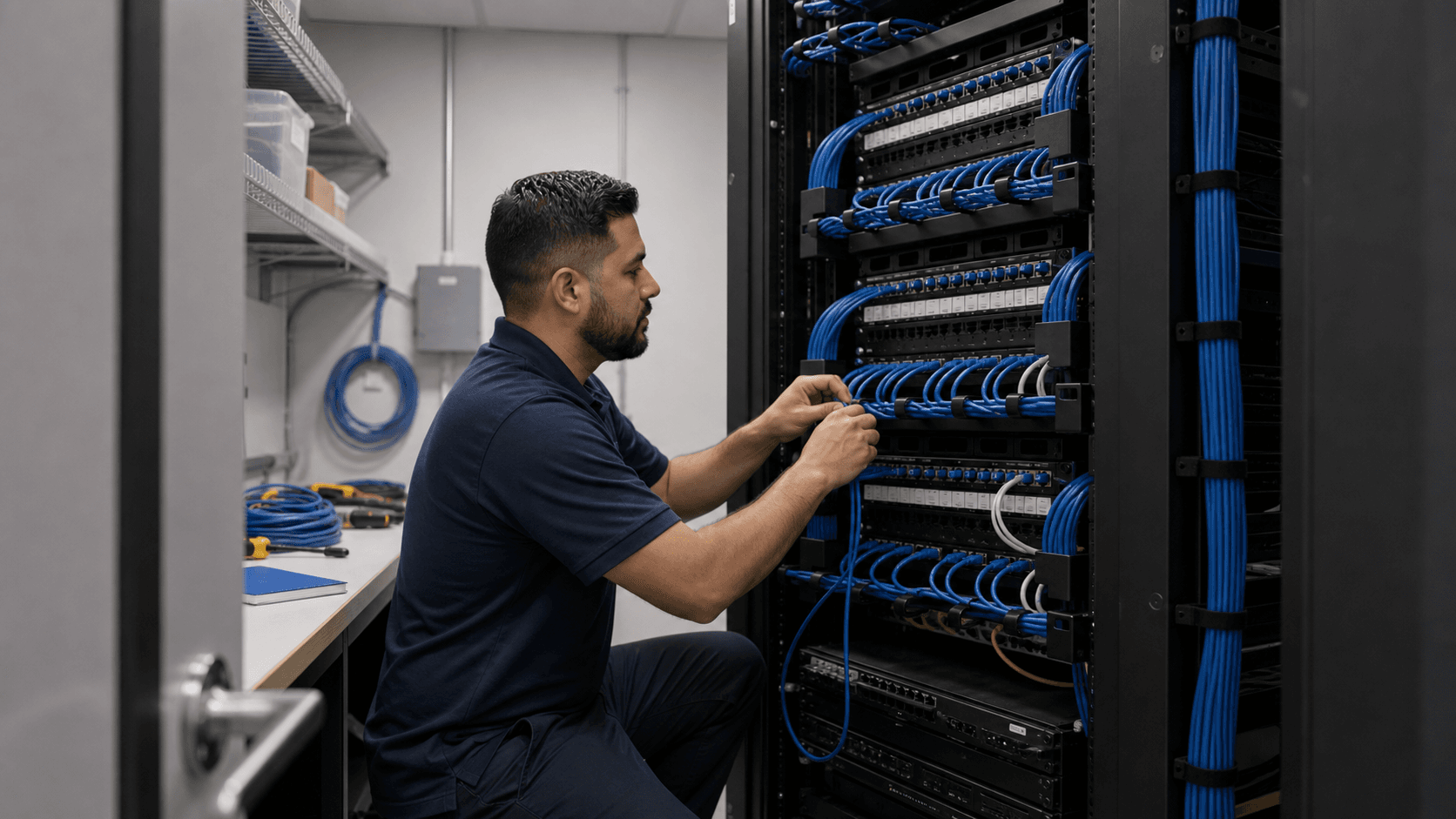 Technician organizing structured cabling and patch panels in a network closet